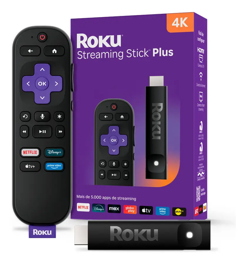 Roku Streaming Stick Plus 4K TVBox Aparelho Transforma TV em Smart Conversor Smart TV Controle Voz Wi-Fi Longo Alcance